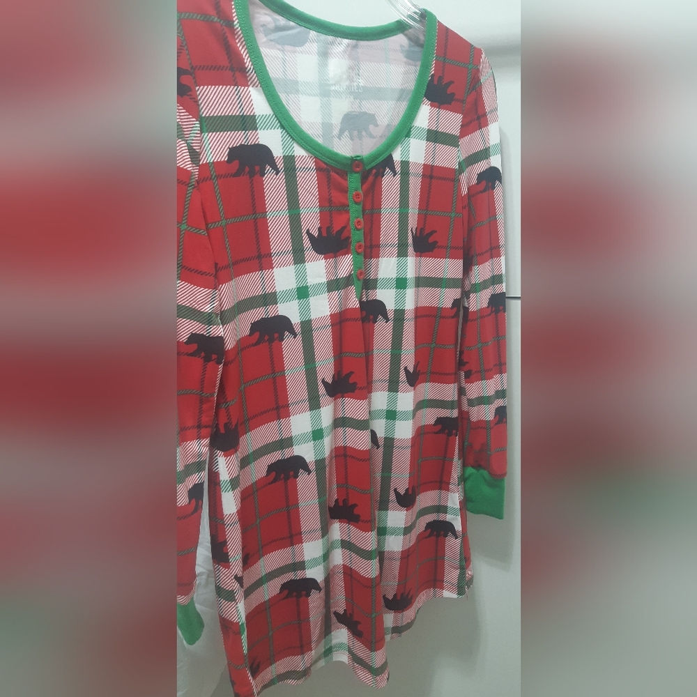 PRE-LOVED Size Medium Women's Christmas Red Plaid Pajama Gown with Bear Print.